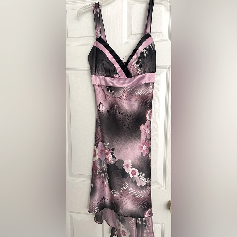 Purple multi satin high low dress. Low cut with light padding in bust